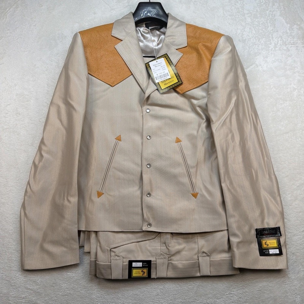 Vintage Western Cowboy Suit Pearl Snap Rodeo Rockabilly Stage Tan 44x36